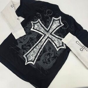 REBEL VENGEANCE JESUS CROSS SHIRT MENS LARGE BLACK WHITE GRAPHIC LONG SLEEVE